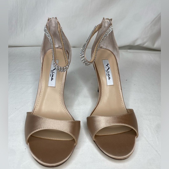 Women Nina Champagne Crystal Satin Ankle Strap High Heel Sandal 7.5M - Picture 5 of 9